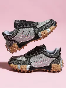 Women's Y2K Silver Color Rhinestone Chunky Sole Sneakers, Plaid Design Round Toe Flatform Shoes, Casual Fashion for Parties and Daily Wear