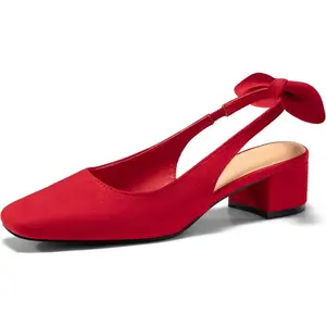 Coutgo Women's Footwear, Chunky Low-Heel Bow Slingback Pumps, Closed Square-Toe Shoes for Wedding, Party Events