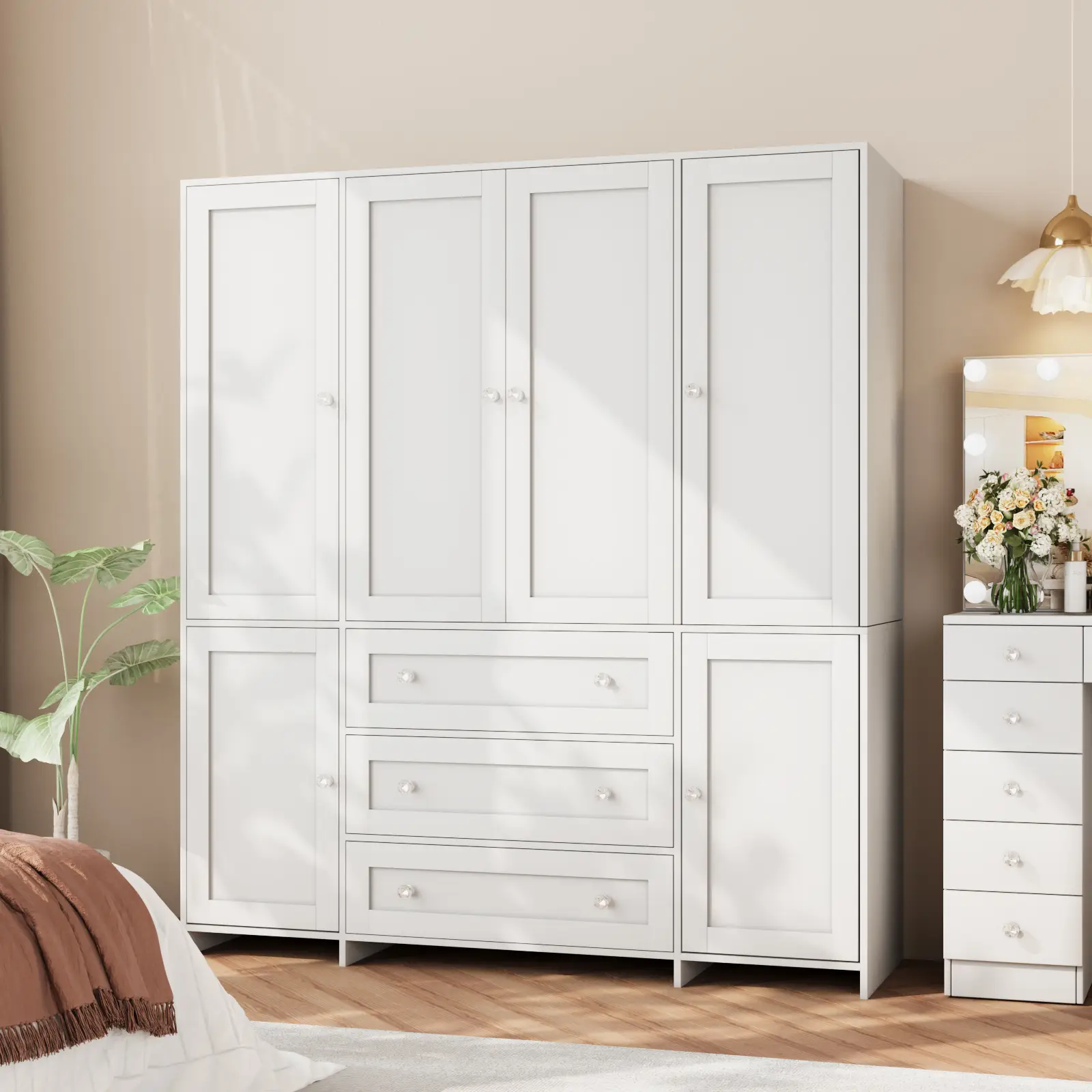 【2 Packages Delivery】VOWNER Wardrobe Bedroom Tall Armoire Closet Organizer with 3 Big Drawers Large 4 Doors Mirror Hanging Rails and Shelves Clothes