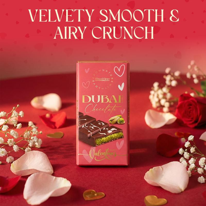 BeeMax Limited Valentine’s Pink Edition Dubai-Style Mini Chocolate Bar - 3.36 oz (Pack of 1) - Premium Milk Chocolate with Kadayif & Pistachios - Middle Eastern Indulgence - Valentine’s Day Gift - Imported from Turkey
