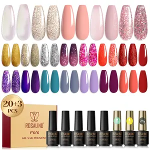 ROSALIND 23Pcs Gel Nail Polish Set with Gel Base and Matte Glossy Top Coat Bright Glitter Colors Nail Gel Polish Soak Off UV Manicure Nail Art Design