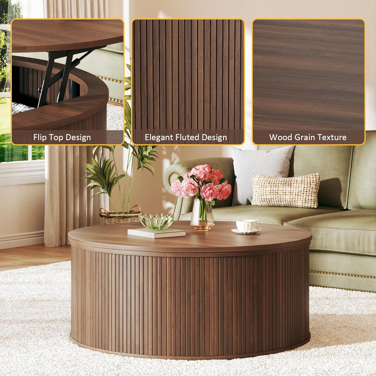 Round Coffee Table with Storage, 31.5" Lift Top Coffee Table, Mid Century Modern Coffee Tables for Living Room, Apartment Office, Fluted Table with Rustic Wood Desktop, Walnut
