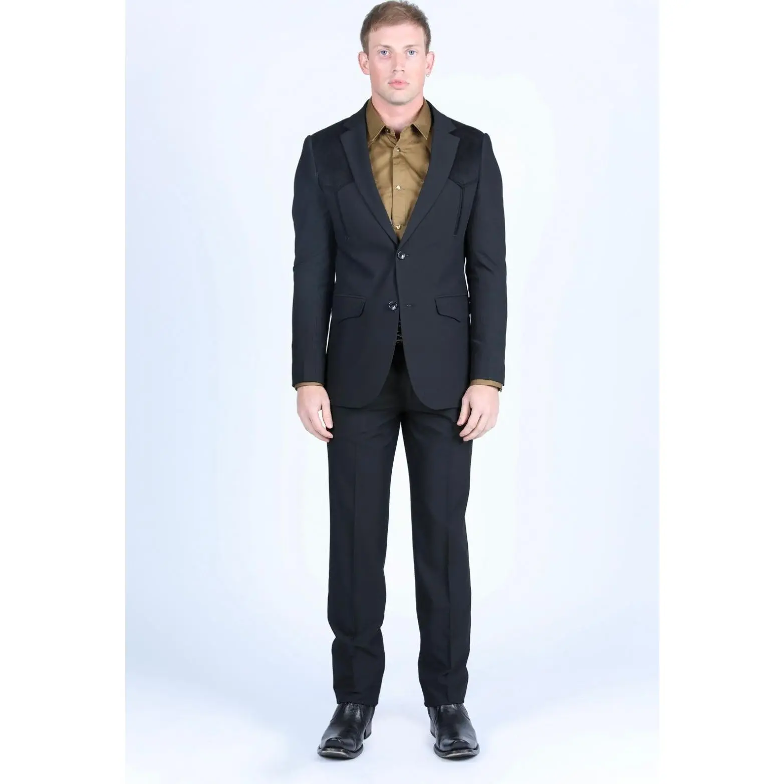 Platini Men's Western Suit with Suede Yoke - Black