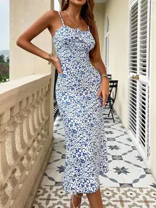 Women's Floral Slim Fit Dress, Sexy Fashion Elegant Party Vacation Holiday Summer Wear, Sleeveless Midi Dress with Adjustable Straps