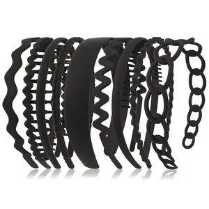 9 count Non-Slip Headbands for Women - Black Wide/Combed/Wavy Headbands Set with , Comfortable Plastic Hair Accessories for Daily Thick/Curly Hair styling