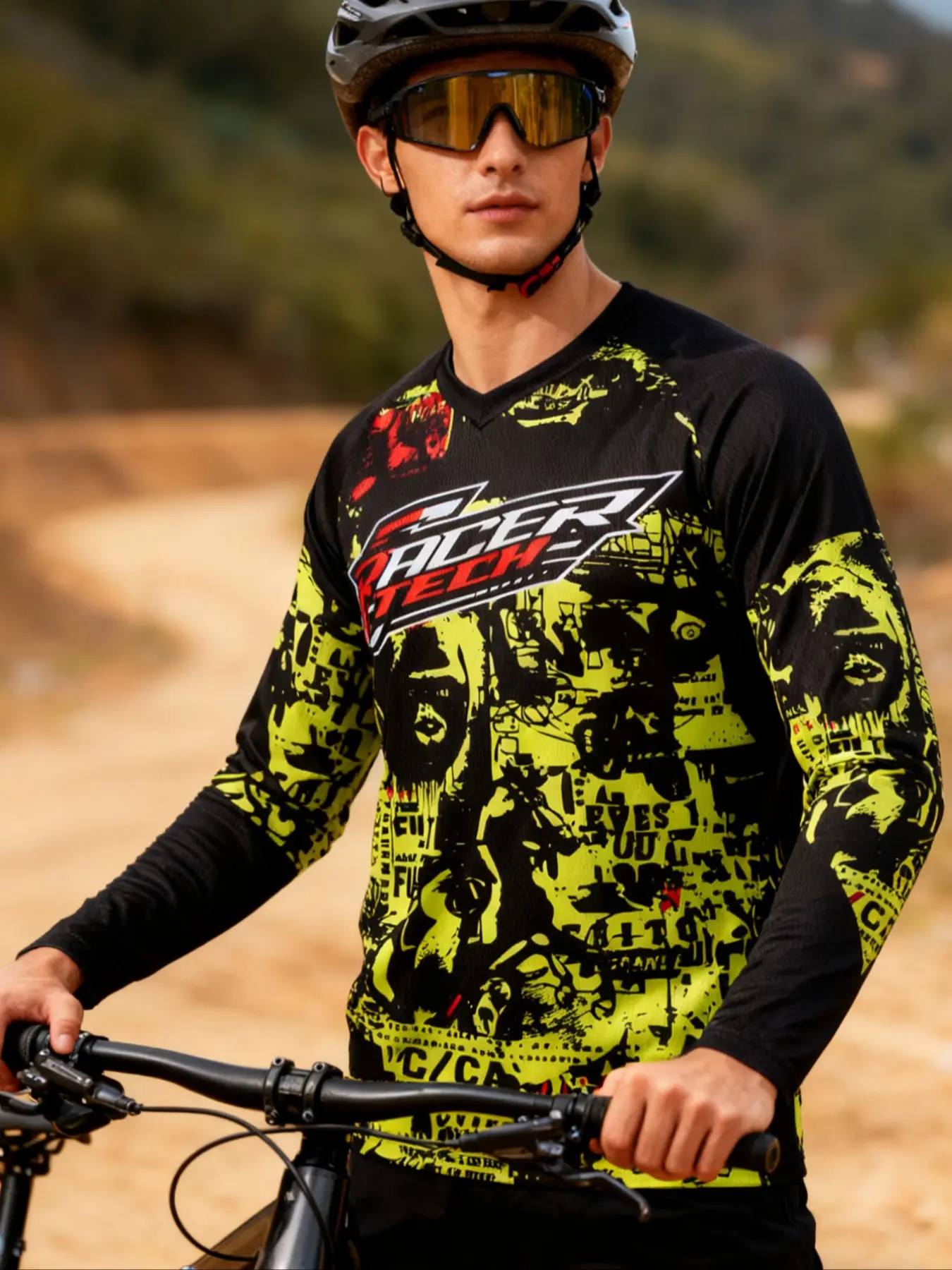 Motorcycle Off-Road Long Sleeve Shirt, Athletic Sports Clothing, Outdoor Sportswear, Athletic Top, Sporty Fitted Design, Random Print Pattern, Moderate Fabric Thickness, All Seasons Wear