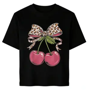 Women's Cherry Cherries Leopard Bow Print Short Sleeve Crew Neck T-Shirt 100% CottonValentine's Day Exclusive Gift