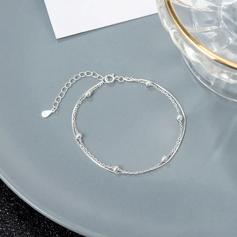 FashionUS - 925 Sterling Silver Snake Bone Chain Glossy Beads Double Layer Bracelet Women Fine Jewelry for Wedding Party Gift