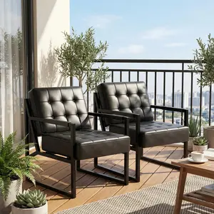 Garvee Mid Century Modern Accent Chair Set of 2, PU Leather Upholstered Living Room Chair with Thick Cushion & Metal Frame, Comfy Armchair for Bedroom Waiting Room Office Lobby, Black