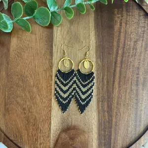 Beaded Earrings - Black and Gold Chevron Design with Gold Hoops Beaded Jewelry Accessory