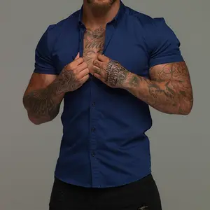 Men's Elastic Solid Color Sports Casual Cardigan Business Non-Iron Shirt Trendy Fitness Short-Sleeve Turn-Down Collar Shirt