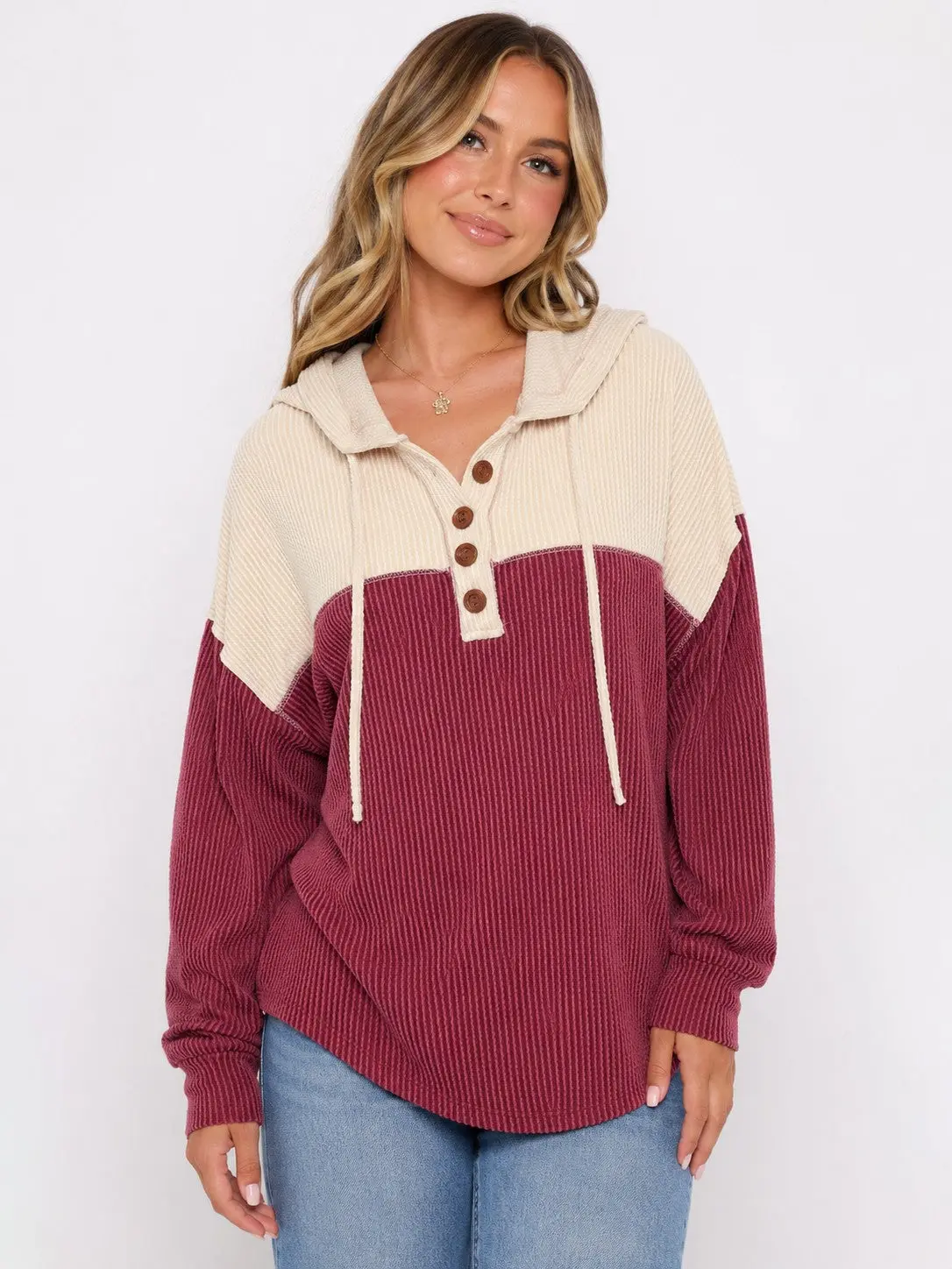 Ribbed Button Hoodie