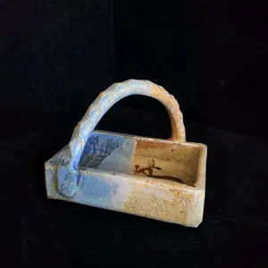 Studio Art Pottery Stoneware Ceramic Trinket Dish Blue Brown Glaze Basket Handle Signed By Unknown Artist