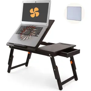 Laptop Desk for Bed with Fan  7 Angles & 4 Heights Adjustable  Laptop Table Foldable Lap Desk with Drawer and Phone Slot for Bed Floor Sofa, Black Walnut