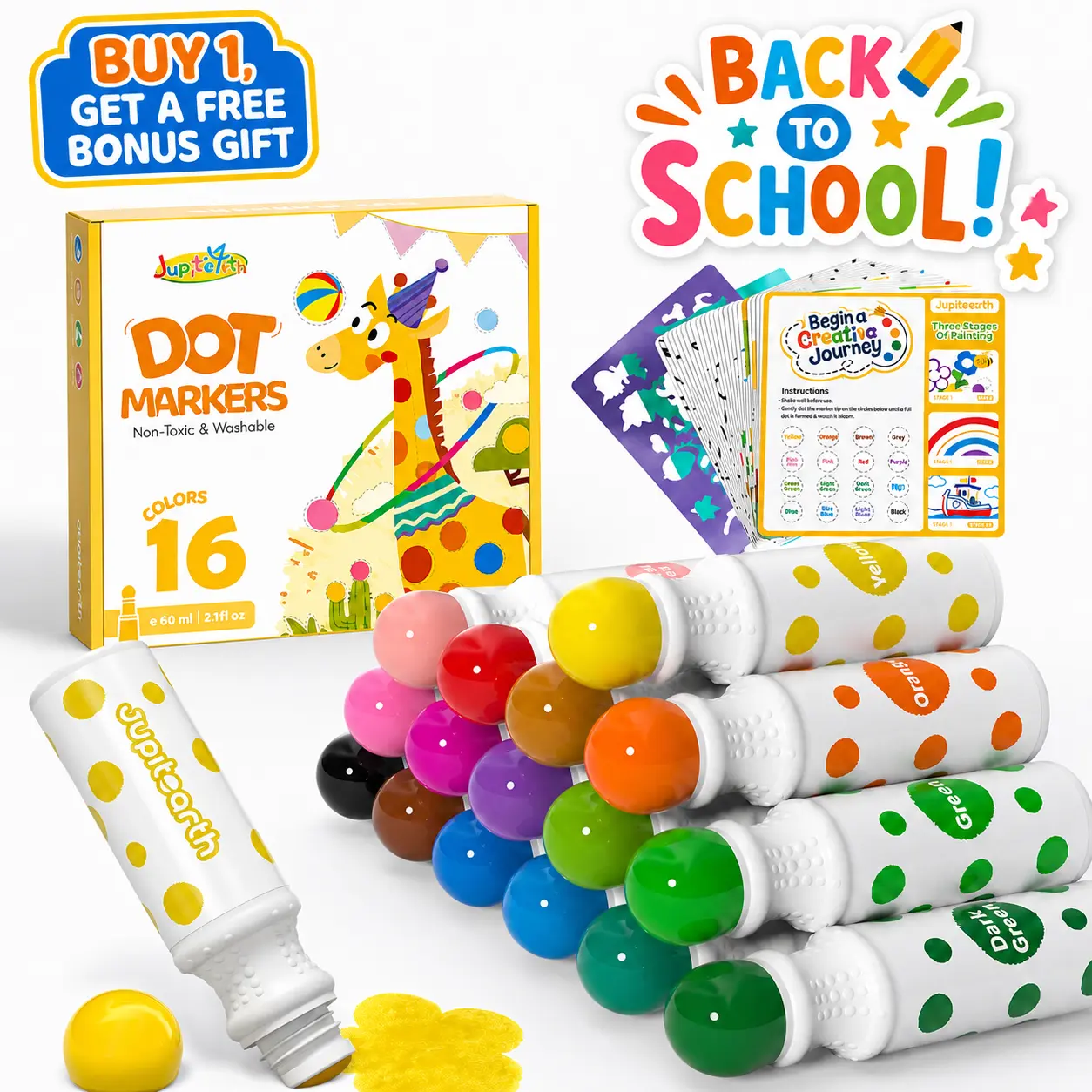 JUPITEARTH 16-Color Washable Dot Markers for Toddlers - Easy-Grip Felt Tip Markers for Coloring Art Crafting Kit with Precision Pens, 24 Printed Activity Sheets, 120-Page PDF Book, Animal-Themed Toddler Gifts for Back to School