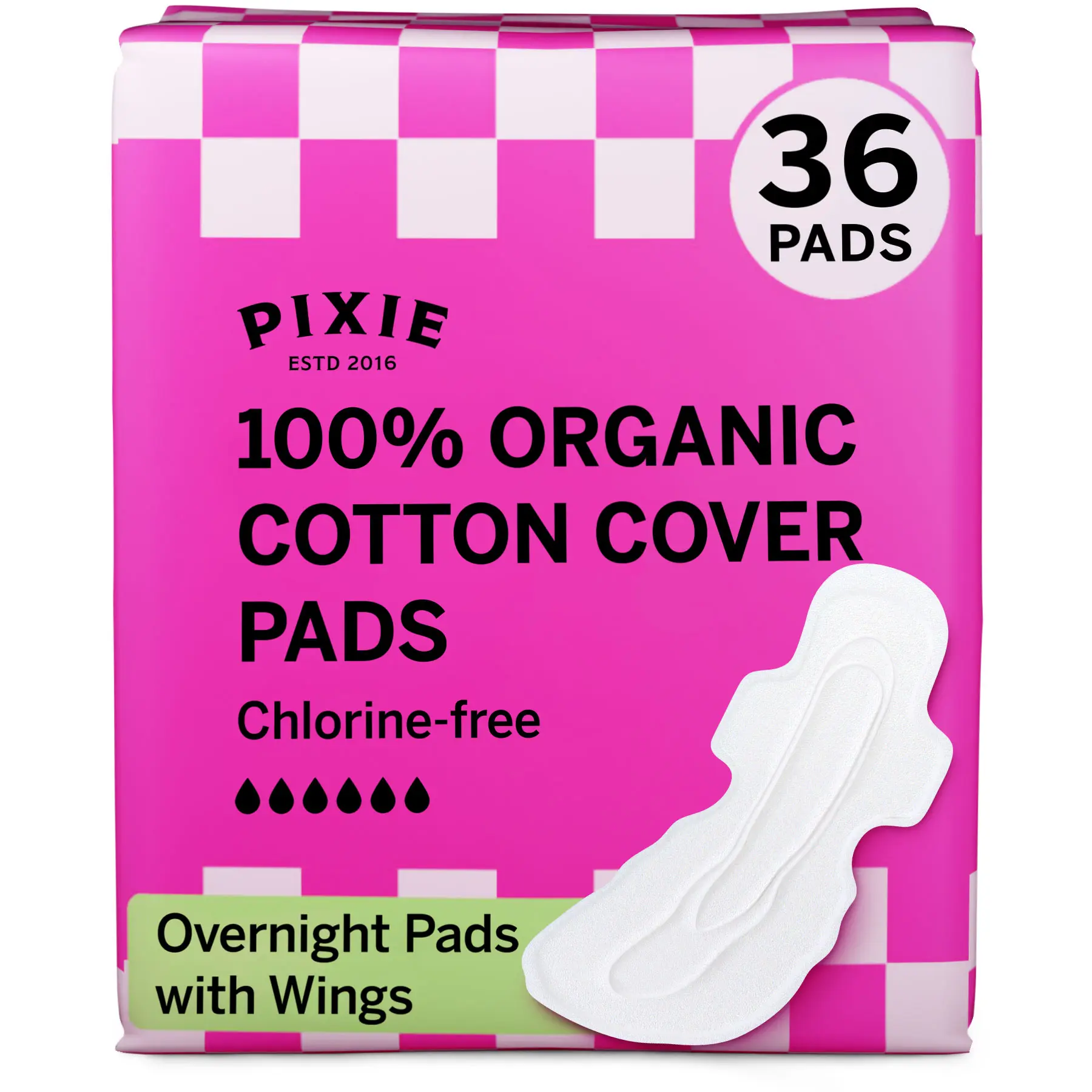 Pixie Organic Cotton Ultra Thin Overnight Pads for Women - Extra Heavy Absorbency with Wings - Leak-Proof, Hypoallergenic & Unscented - Compostable, Biodegradable - FSA Eligible - 36 Count