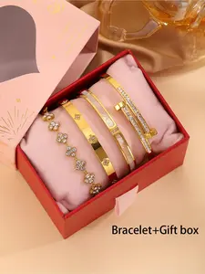 4-Piece Stainless Steel Artificial Diamond Studded Bracelet, Exquisite Gift Box Included, French Elegant Fashion Style, Ideal for Gifts and Daily Wear