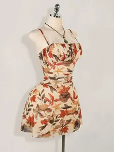 Women's Vintage Maple Leaf Print Pleated Mini Dress, Sleeveless, Spaghetti Strap, Retro Style, Casual Fashion, Perfect for Spring and Fall, Stylish and Comfortable, Boho, Bohemian, Casual Boho Sundress
