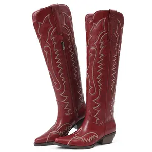EROCALLI Women's Western Cowboy Chunky Heels Boots Knee High Vintage Style  Piont-Toe Embroidered Pointed Toe Cowgirl Boots with Intricate Pattern Side Zipper Boots for Casual Festival Daily Wear Fashionable Durable Footwear fall shoe shopping summerwins,