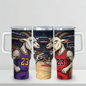 30oz "Ultimate GOAT Debate" Insulated Tumbler, Basketball Rivalry Travel Mug with Goat-Faced Players Purple & Red Jerseies, Ambidextrous Lid with Handle, Perfect Gift for True Hoops Fans, 48H Iced