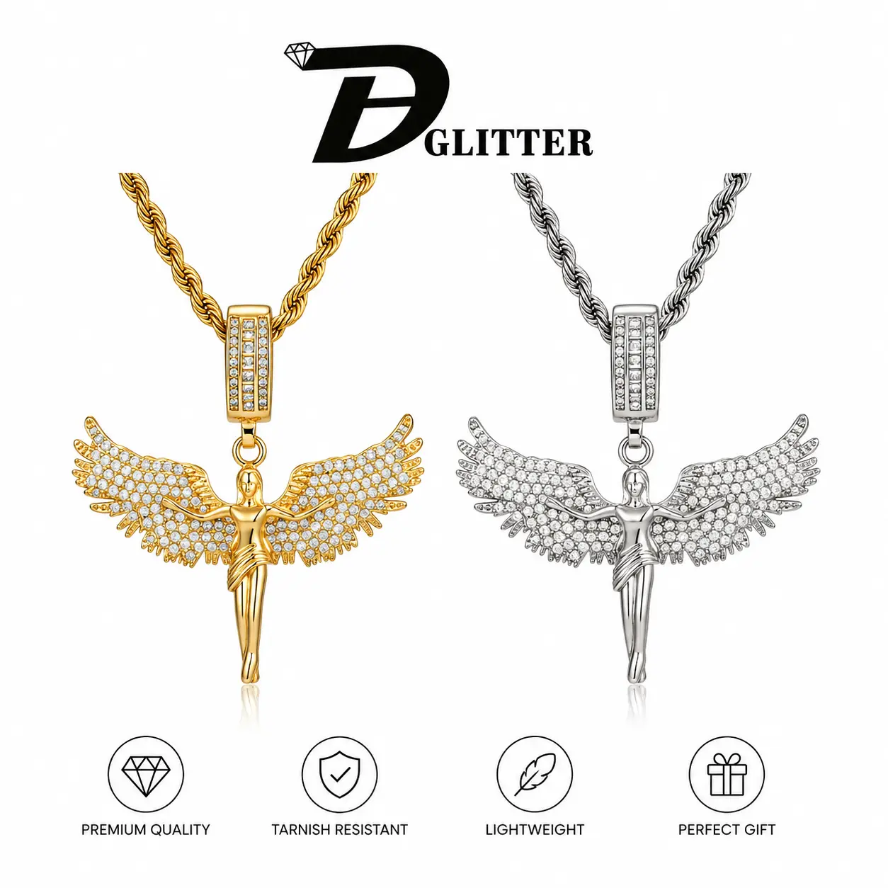 Full of Diamonds Angel Muse Spreads Wings chain men men's jewelry  non tarnish jewelryThree-dimensional Feathers Fallen Angel Pendant Hip Hop Trend Men's and Women's Sweater Chains Gift Dainty Gold Initial Letter Necklace  men accessories for women