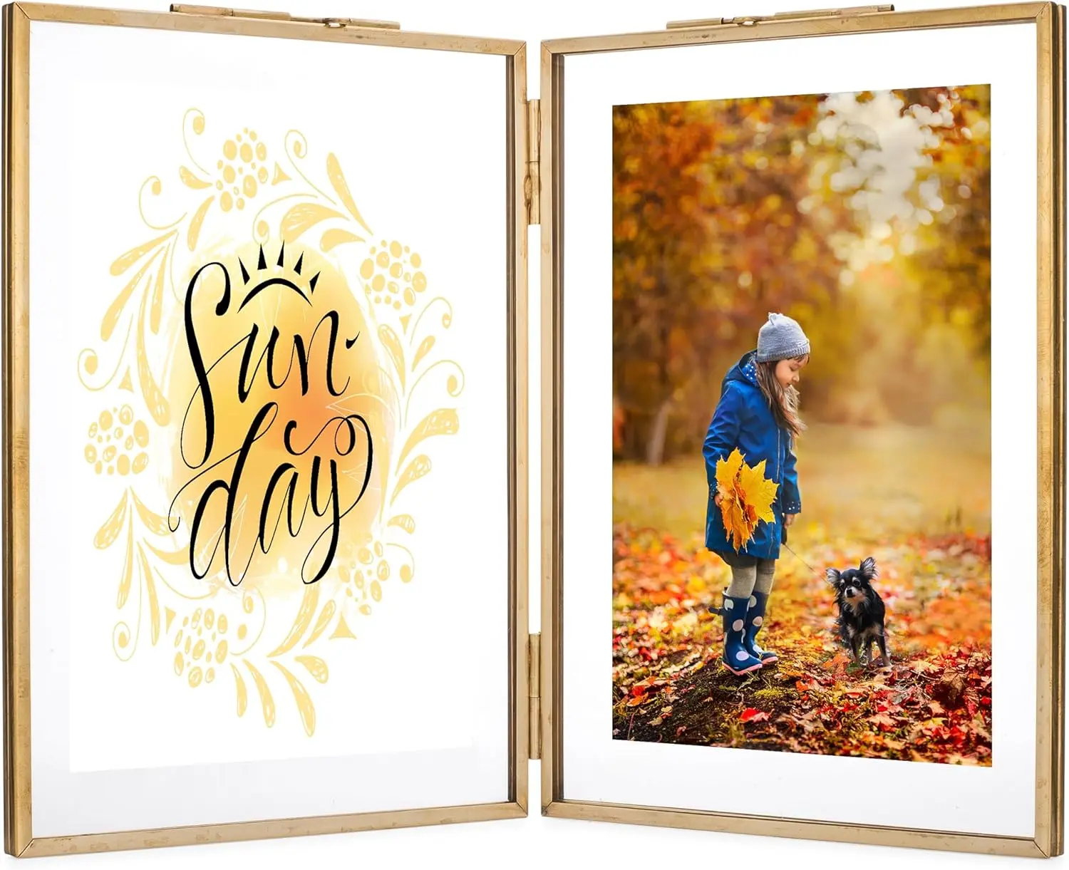 Brass Picture Frame,  Double 4x6 Folding Picture Frames,  Metal Pressed Glass Photo Frame, Hinged Picture Frame
