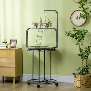 Parrot Stand Large Bird Perch Stand With Toy Hook & 3 Ladders, Parrot Perch With Easy Grip, Bird Wooden Stand, Gray