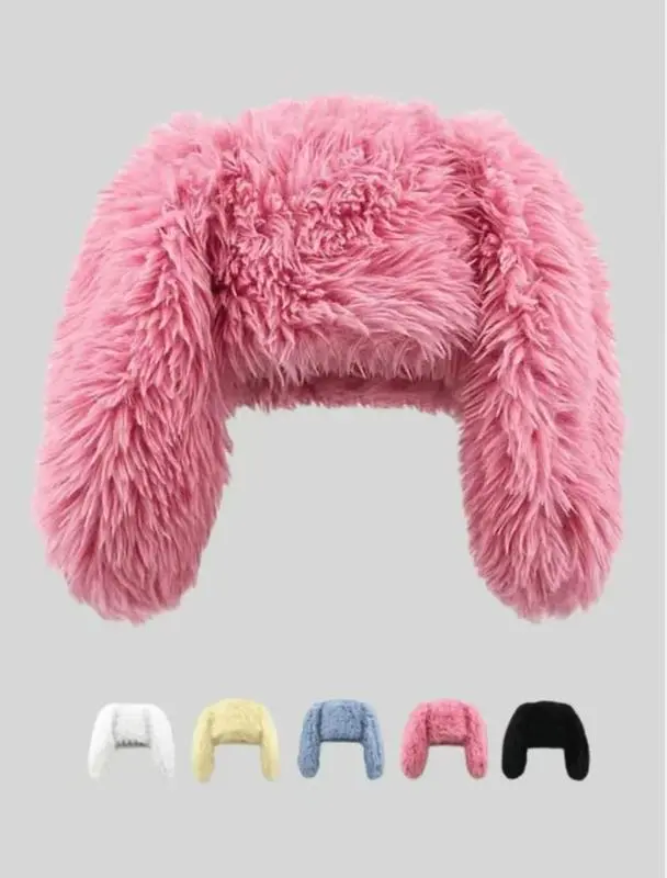 Unisex Soft Fluffy Bunny Ear Casual Beanie - White Plush Warm Whimsical Hat, Sports & Outdoor Accessory for Daily Wear, Fashion Outfit Addition