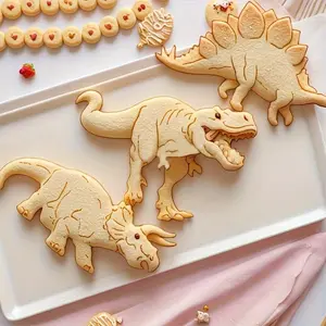 3pcs Jurassic Dinosaur Cookie Cutter Set, Fun Stamp Molds, Polymer Clay Embossing Tools, Dinosaur Cookie Stamps, Essential Kitchen Baking Accessories for DIY Baking and Cake Decorating, Soft Sugar Chocolate Crafts, Perfect for Thanksgiving