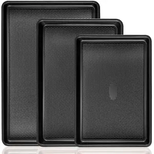 Nonstick Baking Sheet Set of 3 Diamond Texture Carbon Steel Cookie Sheets Half Quarter Jelly Roll Pans for Oven Black Baking Trays
