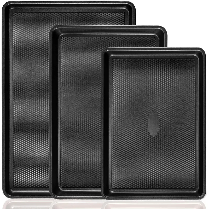Non-Toxic Carbon Steel 3-Piece Bakeware Set - Baking Supplies, Kitchen Supplies for Christmas, Business, with Diamond Textured Surface, Half & Quarter Jelly Roll Pans, Mildew-Proof Oven-Safe Black Sheets for Cake Desserts