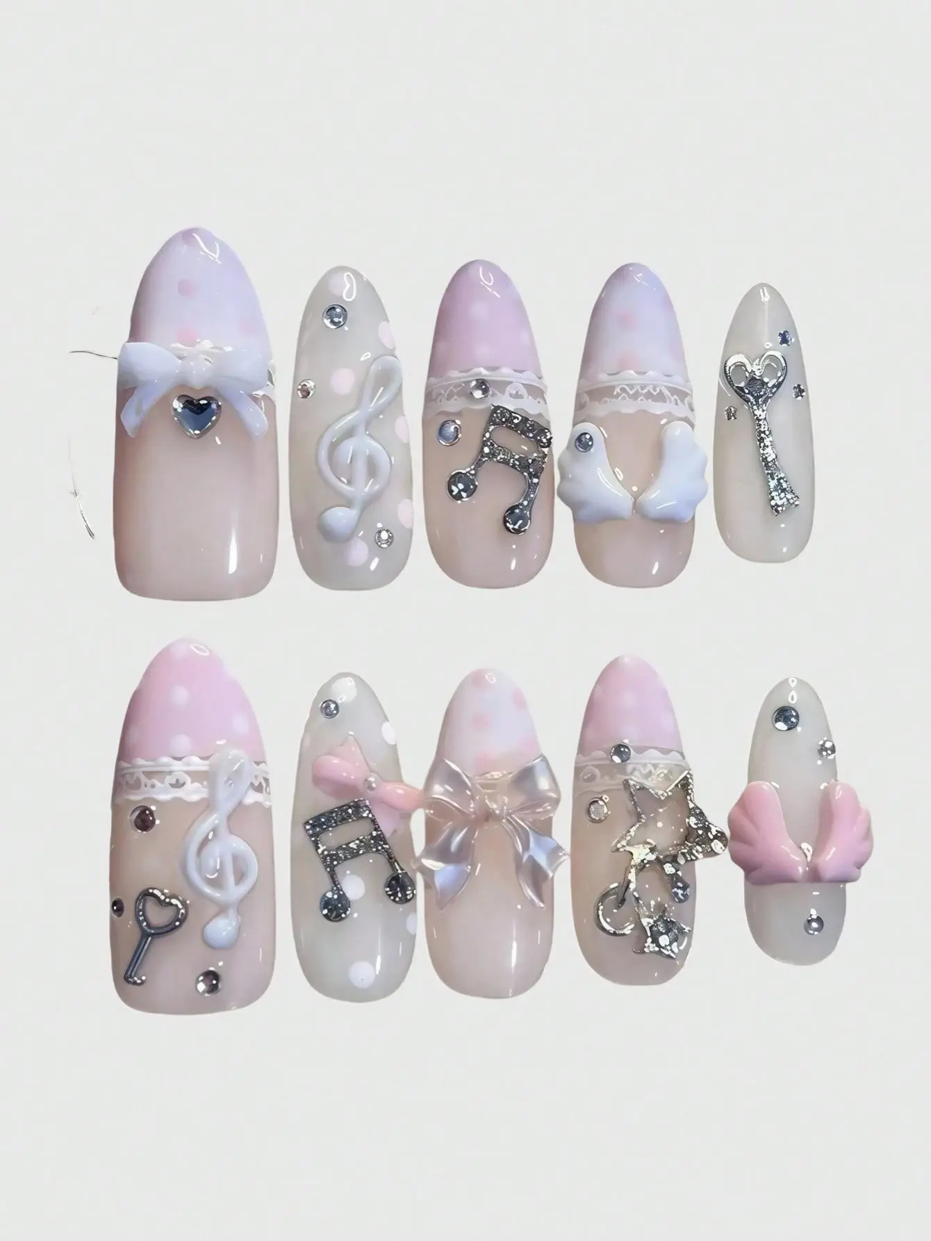 ROMWE Kawaii Press-On Nails | Heart Ballerina Style with Bow & Music Note