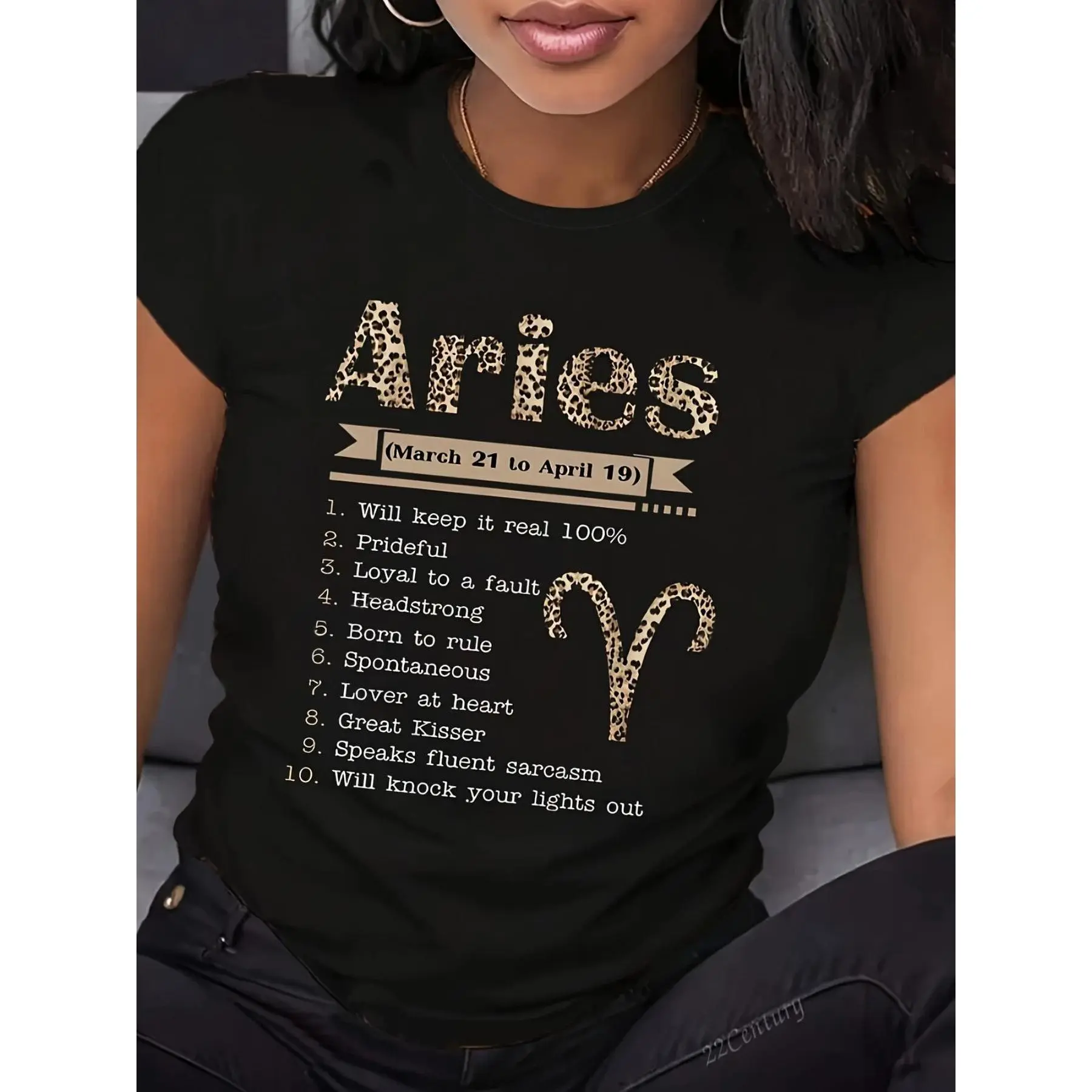 Women's Aries Zodiac Graphic T-Shirt, 100% Cotton Casual Short-Sleeve Crew Neck Top with Medium Stretch, Astrology Birthday Gift