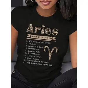 Aries Zodiac Letter Print Breathable Fashion T-Shirt for Women and Men: 100% Cotton, Crew Neck, Short Sleeve, Casual Glossy Texture T-Shirt, Machine Washable, Spring Summer Birthday Gift, Zodiac Clothing