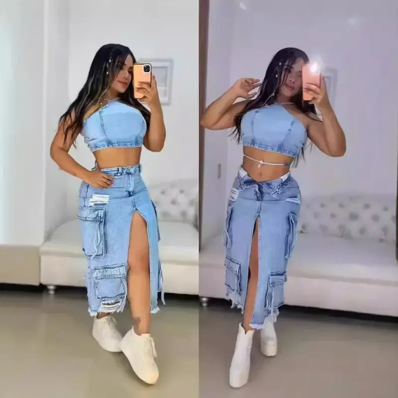 Women's Denim Long Skirt, Stylish Female Streetwear with a High Slit, Cargo Pockets and Distressed Raw Hem, Bottom, Lady, Fitted, Stylish Women's Wear