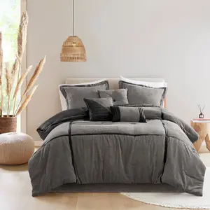 360 Stand Queen Bedding Set, Madison Park MP10-8472 90x90x1.5 in. Dallas Micro Corduroy Comforter, Grey, 7-Piece, Bedding Sets, Queen Bedding Sets