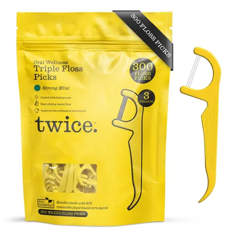 Twice Floss Picks with 3-Strands – Wax-Coated Floss & Toothpick, Strong Mint
