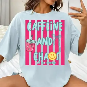 Caffeine and Chaos Stripe Tee, Comfort Colors Shirt, Womens Graphic Tee, Caffeinated Shirt, Coffee Lover - TrendWear USA