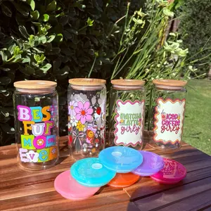 Glass Drinking Cup,Iced Coffee Girly Glass Can Cups with Bamboo Lid Handmade Tumblers 16oz Highball Glass with Straw for Tea & Cocktails Reusable Bottled Drinkware Water Bottles Bottles