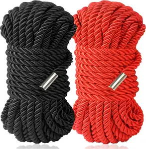 2 Packs 32 Feet/ 10m Braided Twisted Silk Ropes 8mm Diameter Golden Twisted Cord Soft Polyester Silk Ropes Decorative Ropes For Christmas Halloween Party Handicraft Knotting(Black, Red)