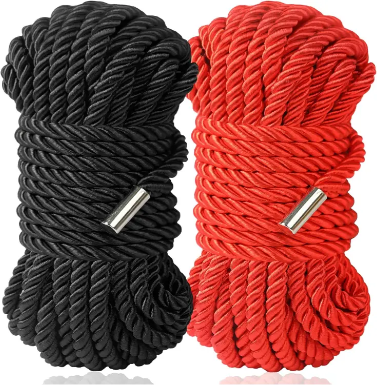 2 Packs 32 Feet/ 10m Braided Twisted Silk Ropes 8mm Diameter Golden Twisted Cord Soft Polyester Silk Ropes Decorative Ropes For Christmas Halloween Party Handicraft Knotting(Black, Red)