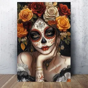 Vibrant Mexican Sugar Skull Canvas Art, Day of the Dead Home Bedroom Wall Decor, Mystical Cultural Aesthetic Style