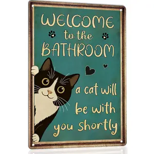 Funny Cat Bathroom Decor Metal Tin Signs - Welcome to the Bathroom Cat Sign A Cat Will Be With You Shortly Sign - Vintage Black Cat Wall Art Restroom Toilet Decor 8x12 Inch
