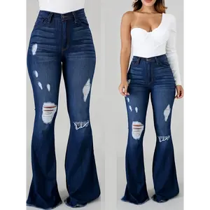 Women'sHigh-WaistRippedFlareJeans-StretchDenimBellBottomswithDistressedDetailing,ComfortableAll-SeasonWear,PlusSizeFabric