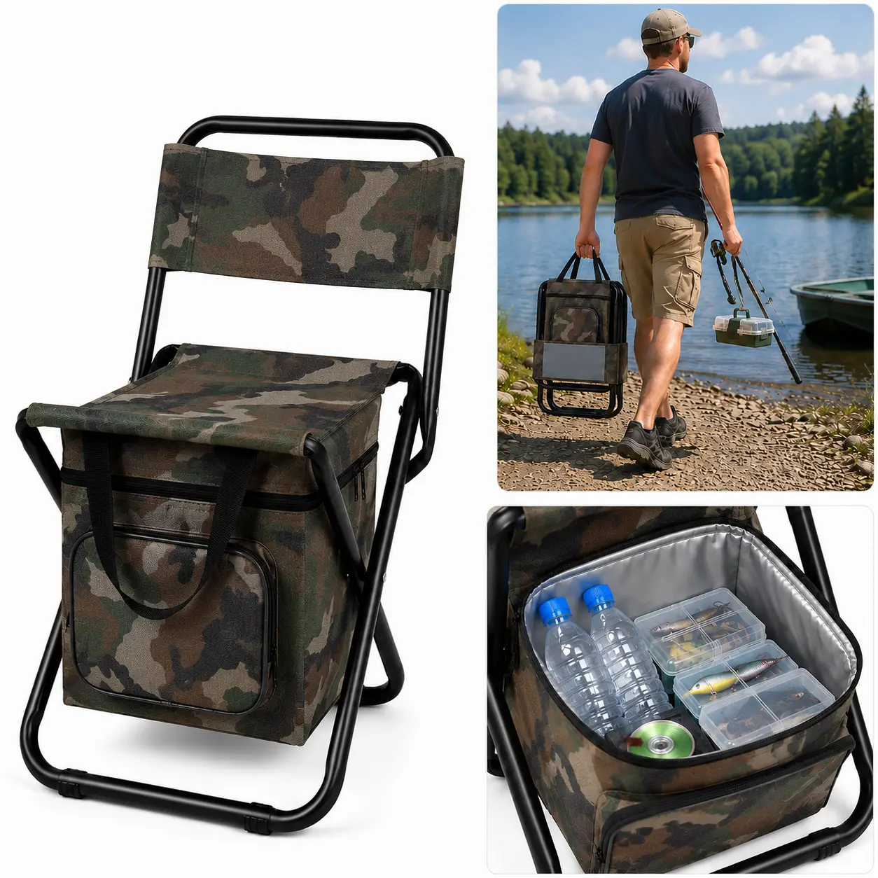 Wstrnix Utility Camo Foldable Fishing Chair – Unisex Fishing Supplies with 10L Cooling Insulated Cooler Box, Backrest, 300 lbs Capacity, Portable Camping Stool for Outdoor Sports, Hiking, Camouflage, Folded Small, 3.52 Lb Construction, Folding Fishing Sto