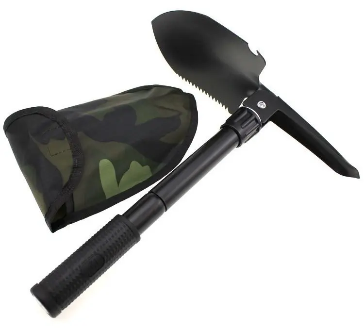 GGMP Multifunctional Military Shovel with Compass Foldable Spade Pickaxe Saw Nail Puller for Camping Bushcrafting Outdoor Activities LS102-1