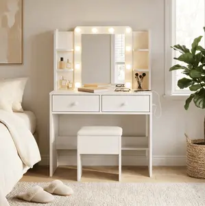 Makeup Vanity Set Chair with Lighted Mirror, 6 Open Shelves and 2 Drawers, 3 Color Lighting Bulbs, Adjustable Brightness for Bedroom