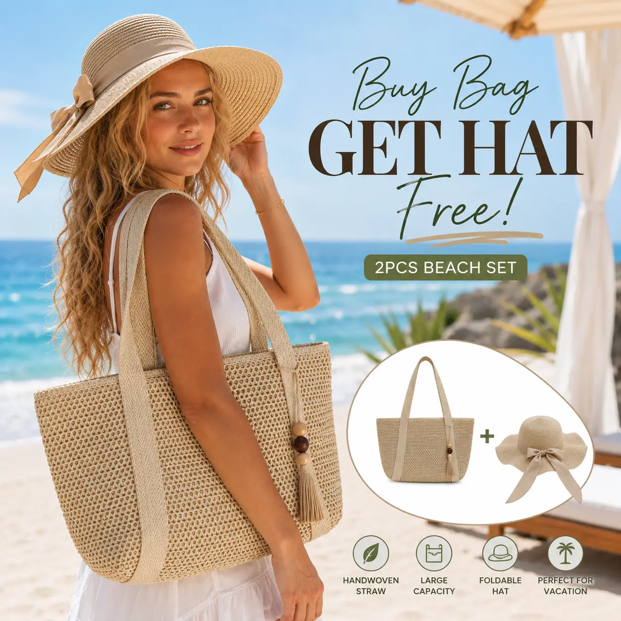 [Deals For Your Days] Free Sun Hat with Bag Purchase! Women’s Handmade Straw Tote Bag + Foldable Sun Hat Set, Large-Capacity Handwoven Beach Bag for Summer Vacation #summerwins