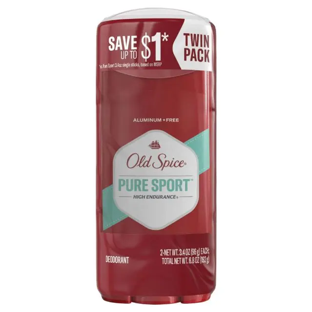 Old Spice Aluminum Free Deodorant High Endurance Pure Sport 3.4 oz 2 Pack 24/7 Odor Protection Eliminates Odors Clear Application Paraben Free