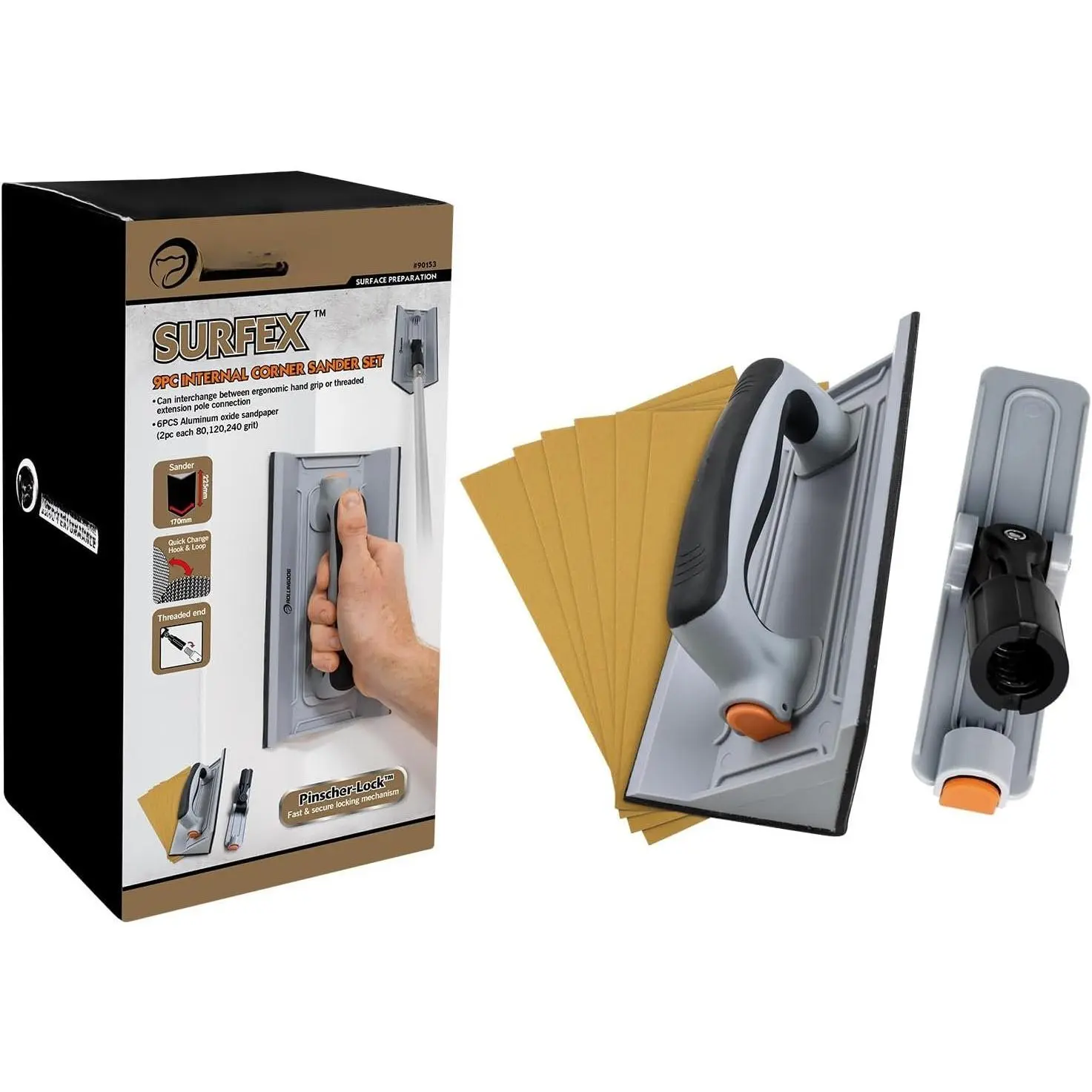 Drywall Corner Hand Sander with Comfortable Rubber Grip Handle, Hook and Loop Sandpaper Set - 2pcs 80/120/240 Grit, 15 Total Oxide Mesh Sheets, Easily Changes Between Multiple Grits for Wall Corner Cleaning, Polishing
